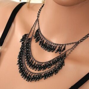 Black Beaded‎ Multi Strand Tiered Bib Statement Necklace Gothic Boho